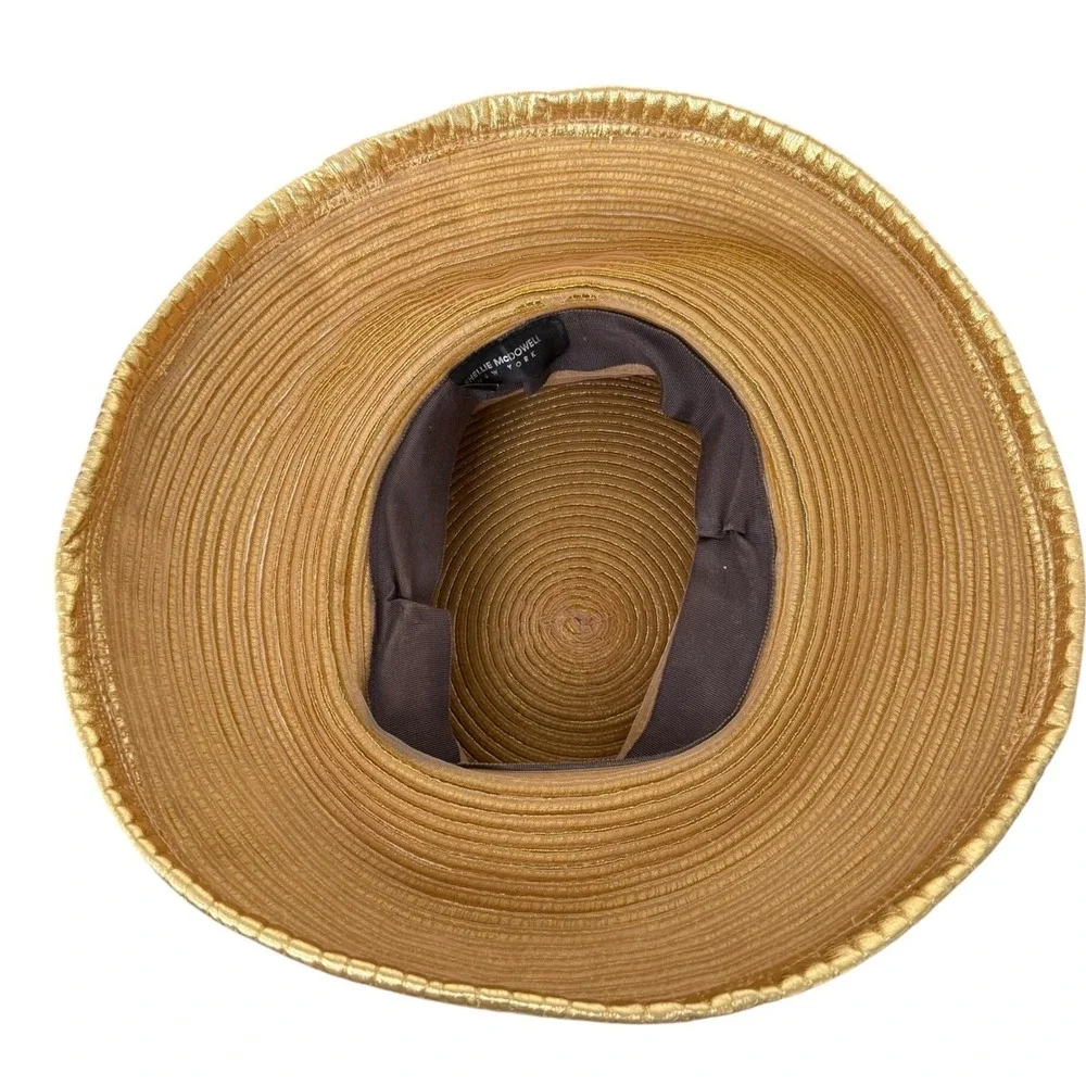 Shellie McDowell NY Gold Metallic Wide Brim Hat Lawrence Vrba Crystal Brooch